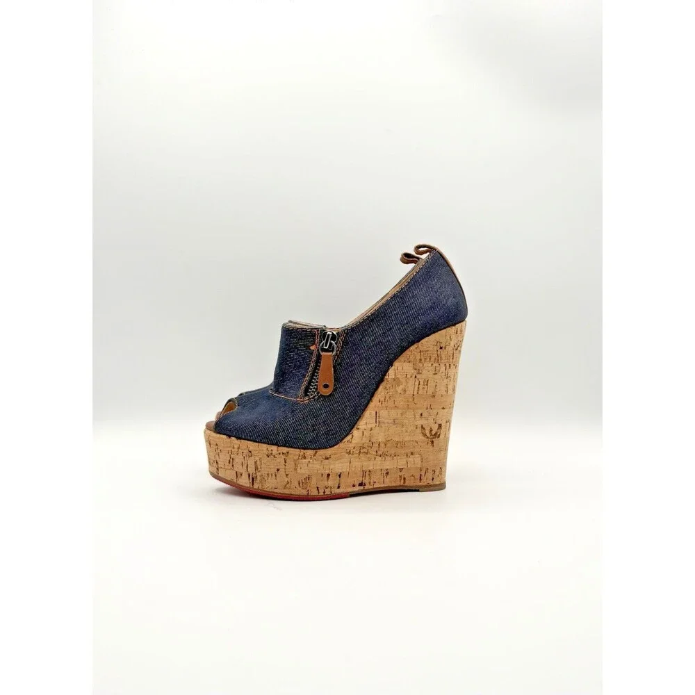 Christian Louboutin Denim Peep Toe Cork Platform Wedge Heels Size EU 36